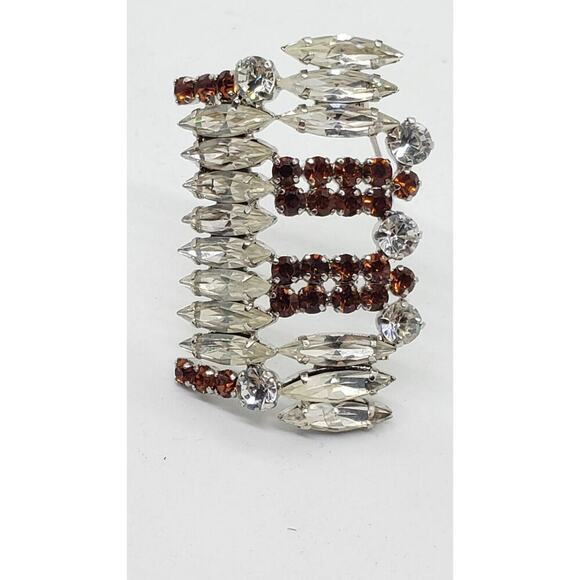 Vintage Rhinestone Brooch Shoulder Pin Clear & Topaz Silver Toned Abstract - Picture 5 of 15